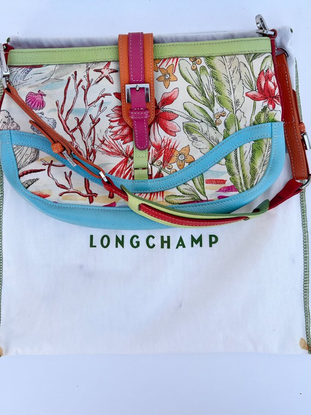 Longchamp Nautical Coastal Marine Coral Print Leather Shoulder Bag - Picture 9 of 13